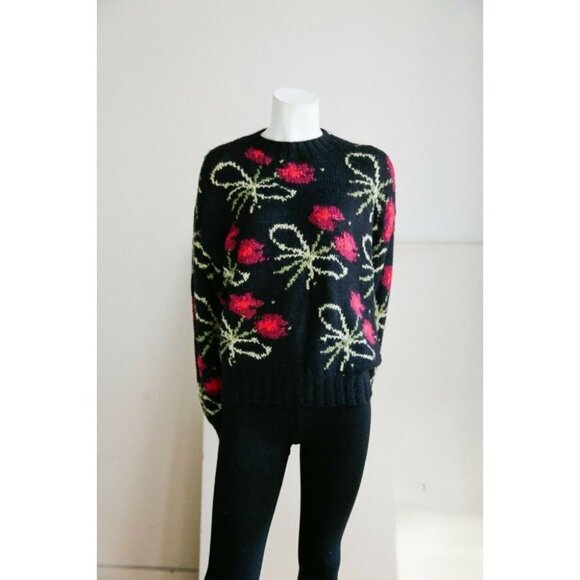 Vintage Y2K  Floral Novelty Print Black Pink Cute Statement Pullover S/M - Picture 2 of 9